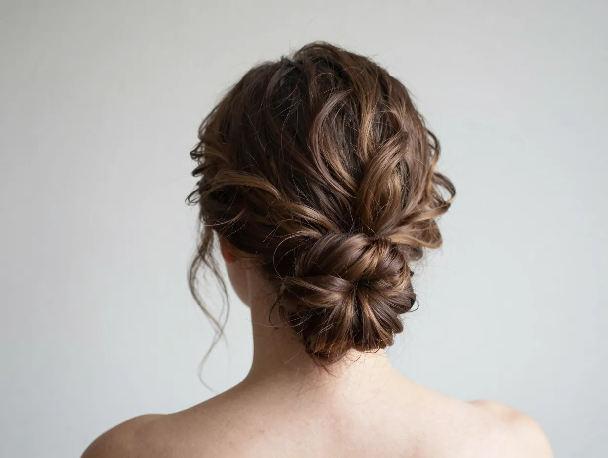 Intentional messy low bun with curled face framing layers