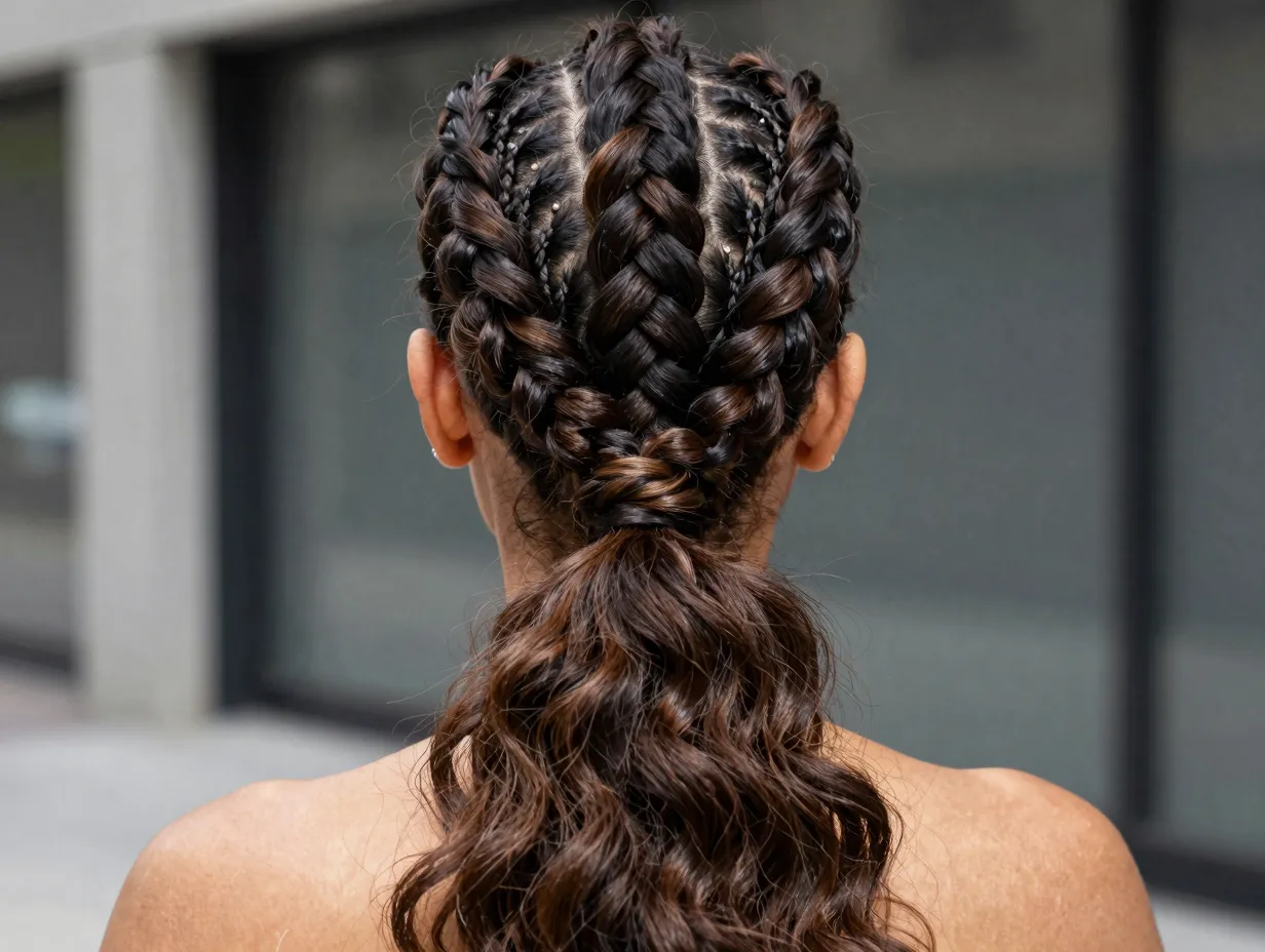 Jumbo cornrow ponytail with three wide braids and volume