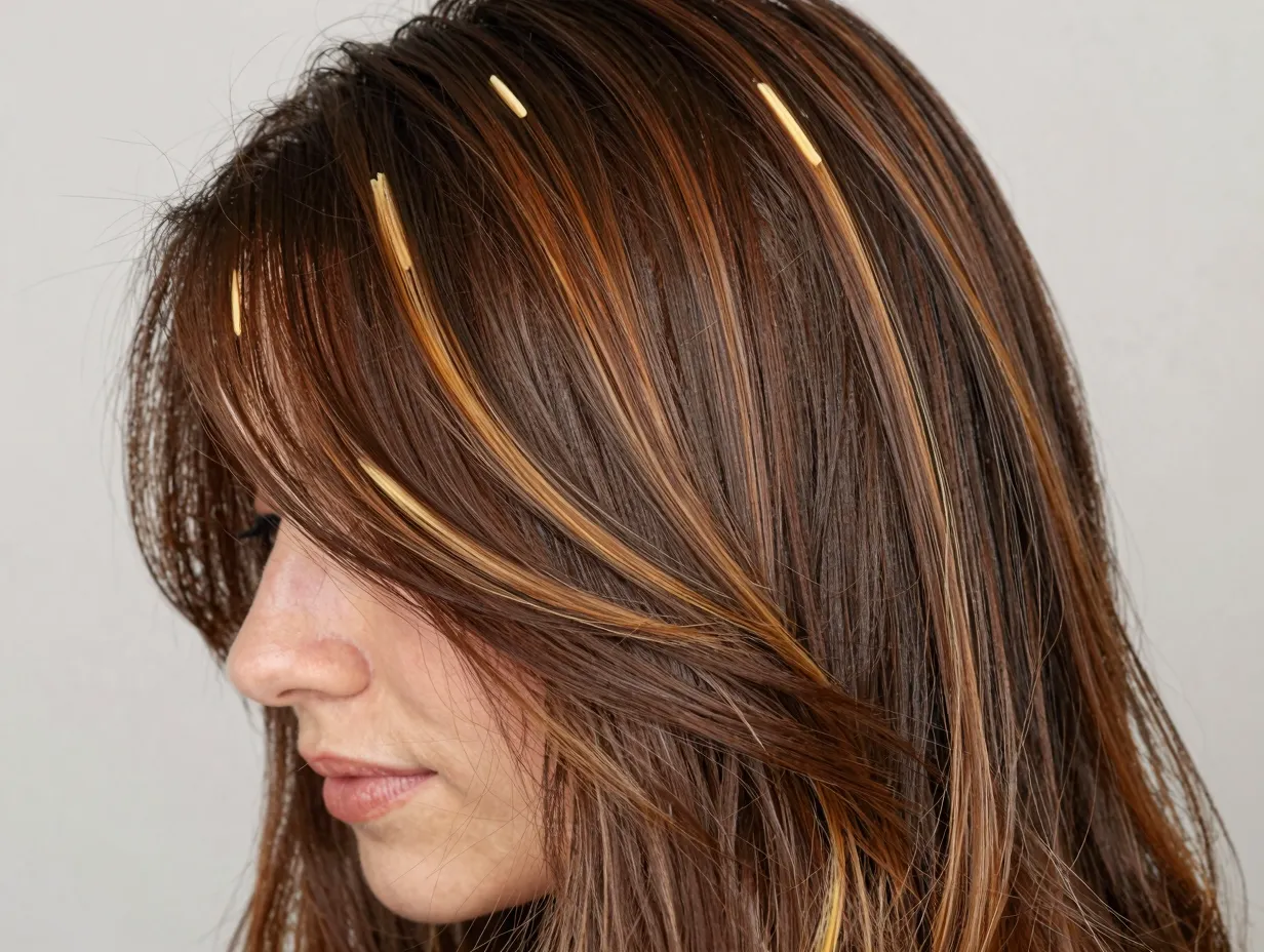 Sparse painted caramel highlights brunette base