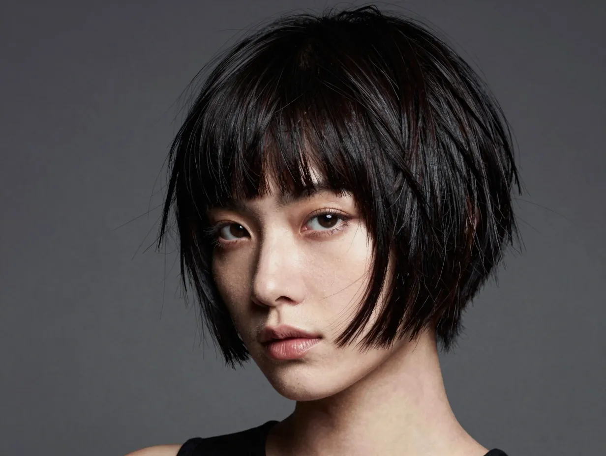 A bold textured pixie bob with choppy layers and a blunt mid forehead fringe