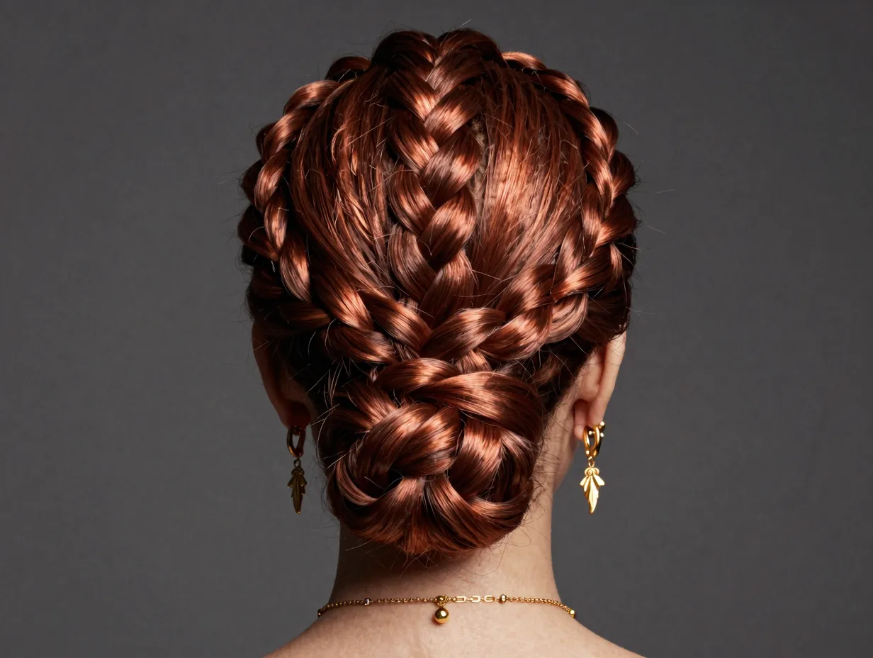 Copper brown crown stripe goddess braids regal high fashion updo