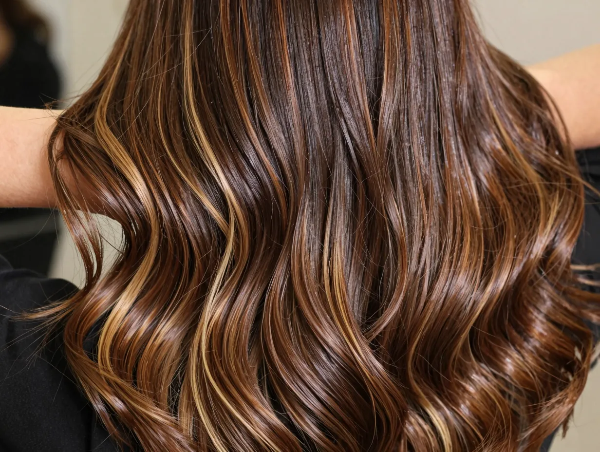 Glossed toned brunette balayage maximum shine