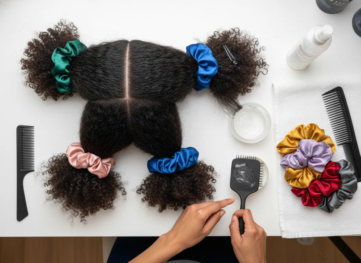 Multi scrunchie organized bun four quadrants satin scrunchies rat tail comb