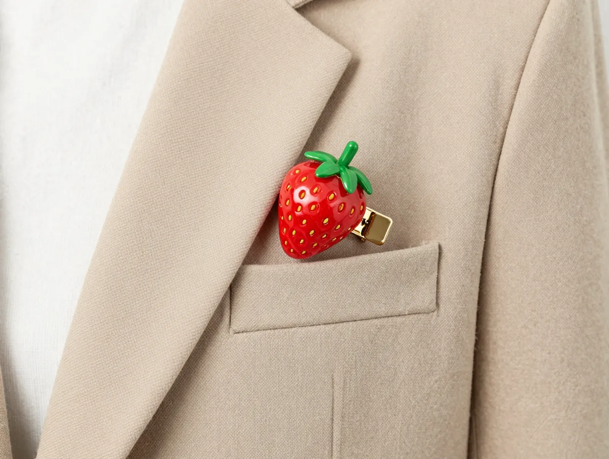 Novelty strawberry hair clip on a beige blazer lapel