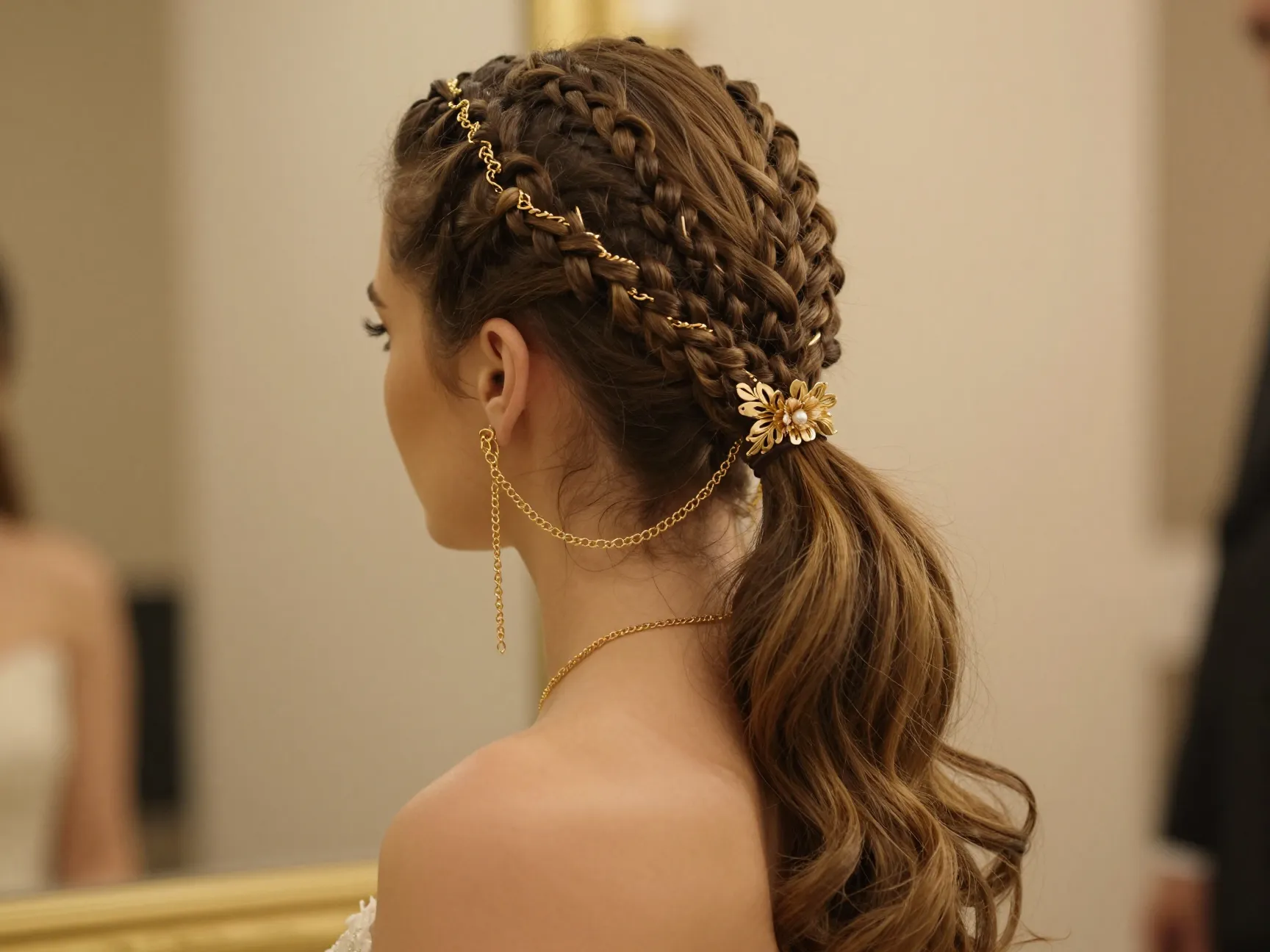 Side swept cornrow ponytail with gold chain and floral pin