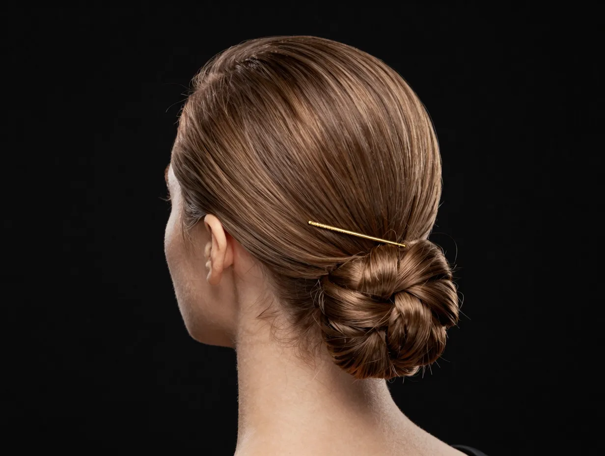 Sleek twisted updo chignon with gold barrette accessory