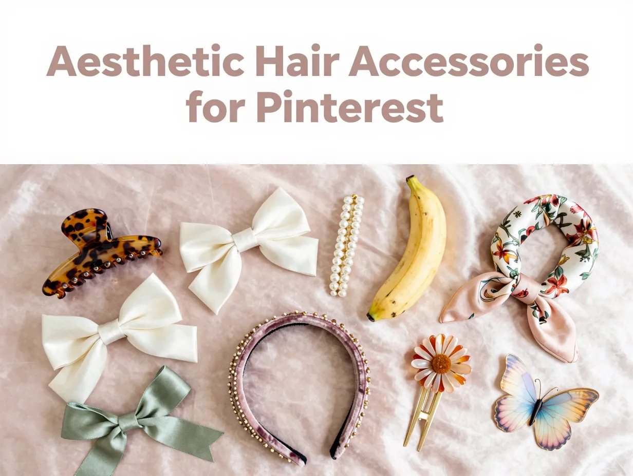 Flat lay nine pinterest hair accessories on satin blush pink background