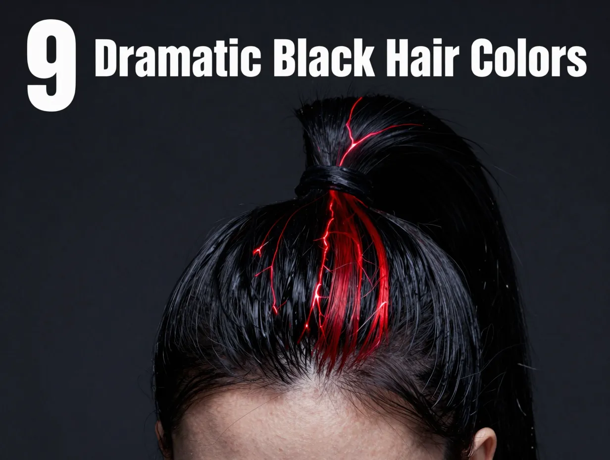 Glossy black ponytail single glowing red highlight strike