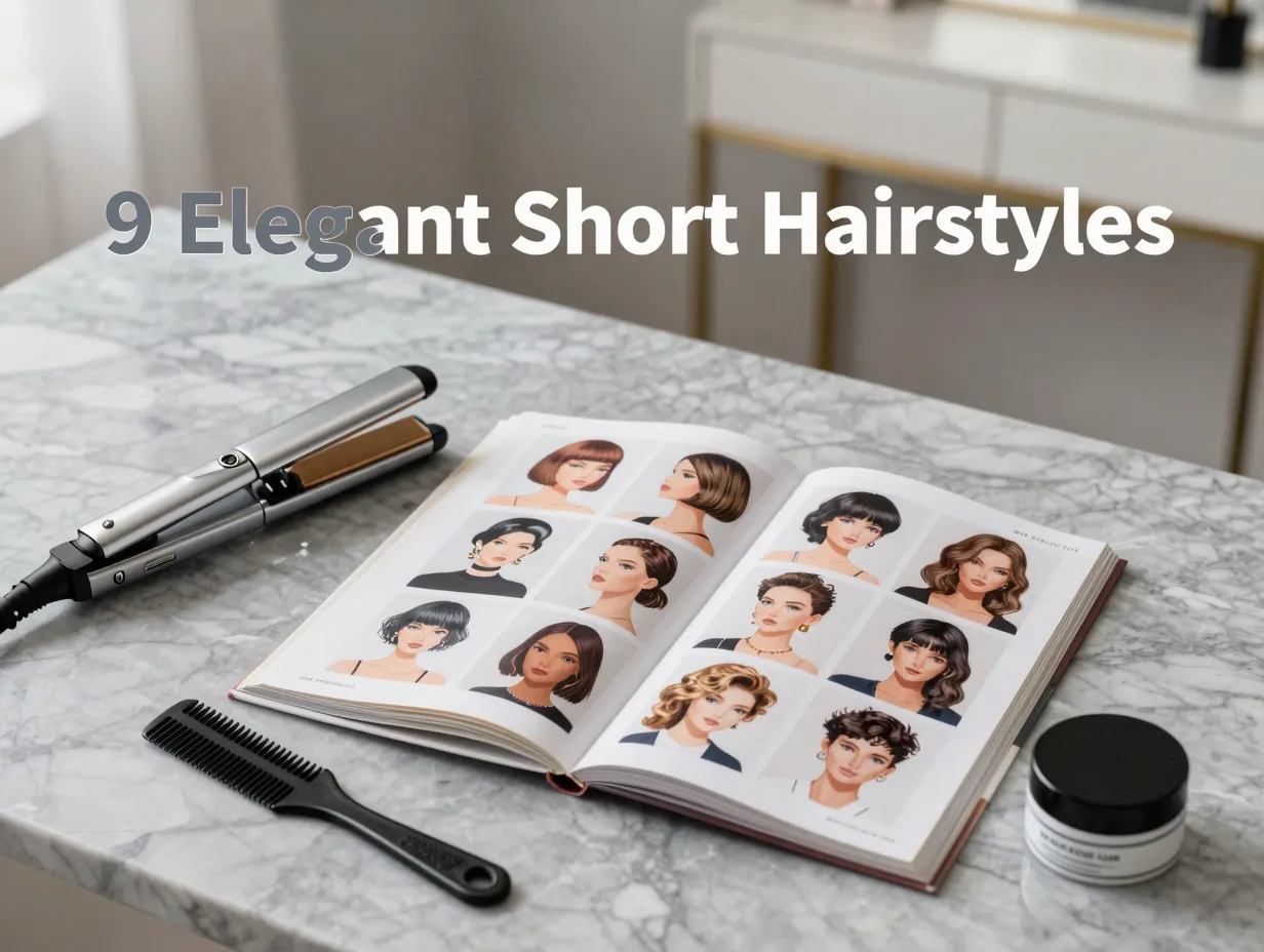 Minimalist magazine flat lay nine elegant short hairstyle illustrations styling tools