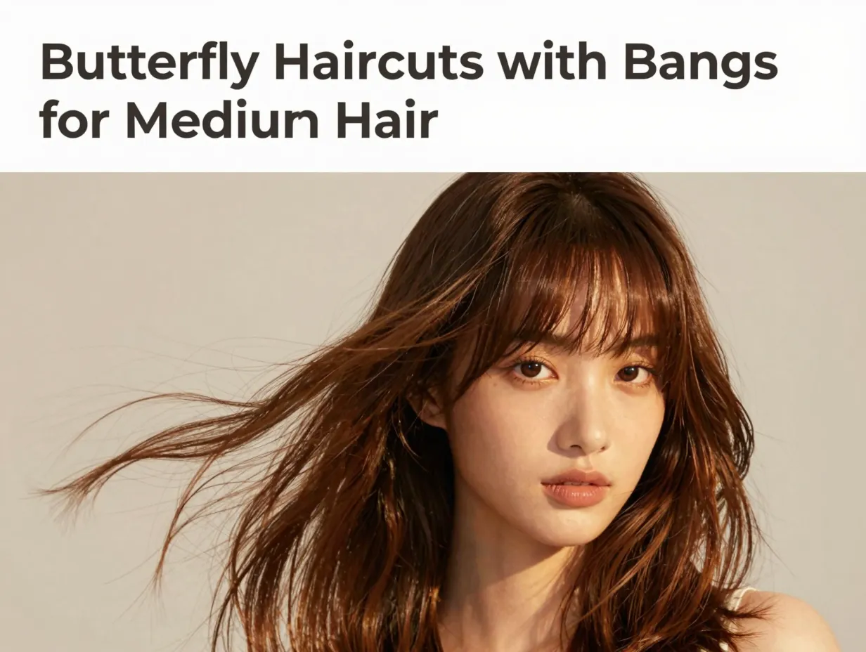 Model curtain bangs butterfly layers medium hair transform cover
