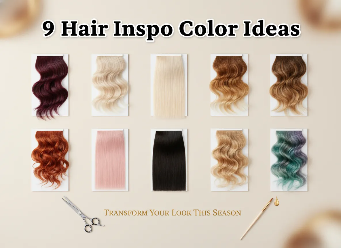 Natural glossy hair color swatch cards flat lay grid soft background