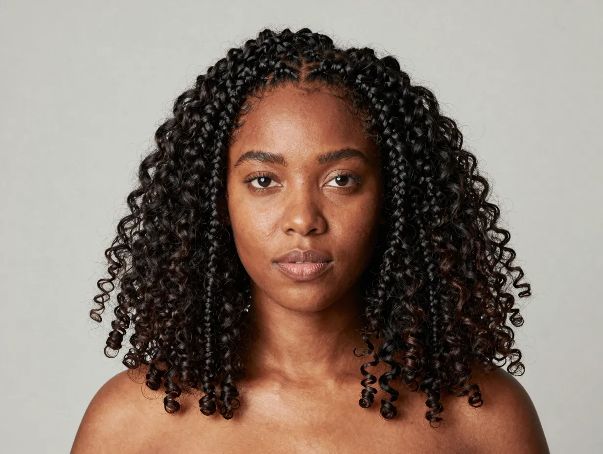 A black woman with jumbo knotless braids and curly playful ends