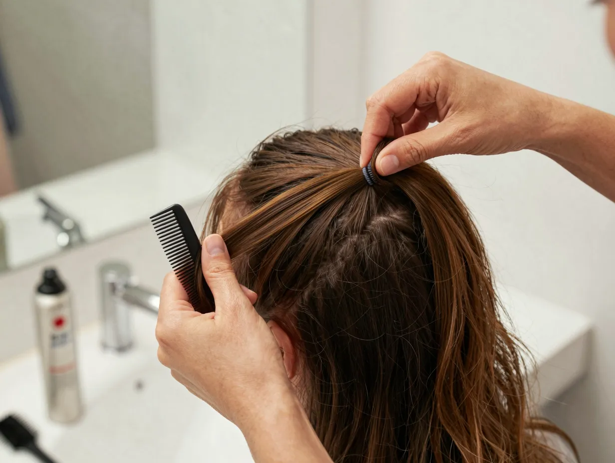 A woman styling her hair upside down before smoothing it