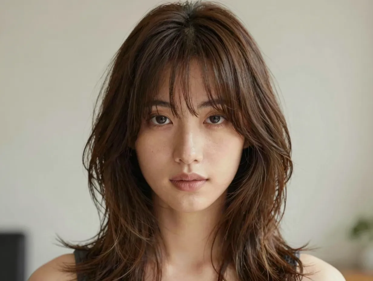Classic curtain bang butterfly haircut on wavy medium hair
