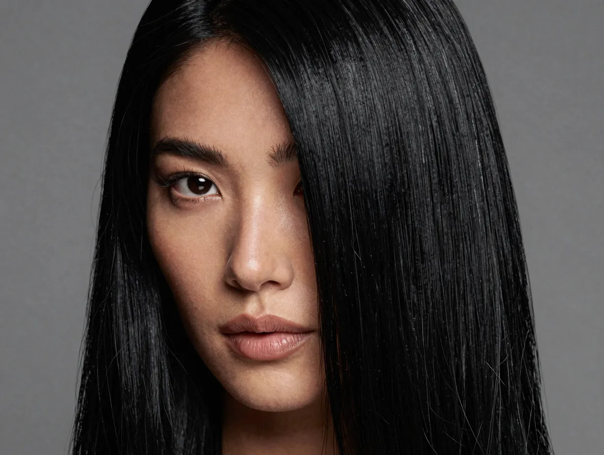 Jet black glossy hair with high contrast against light olive skin