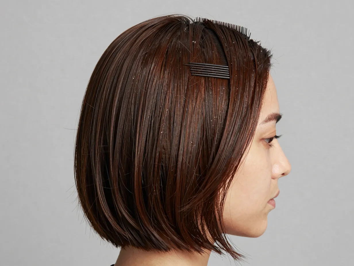 Mid length hair combed straight back with pomade