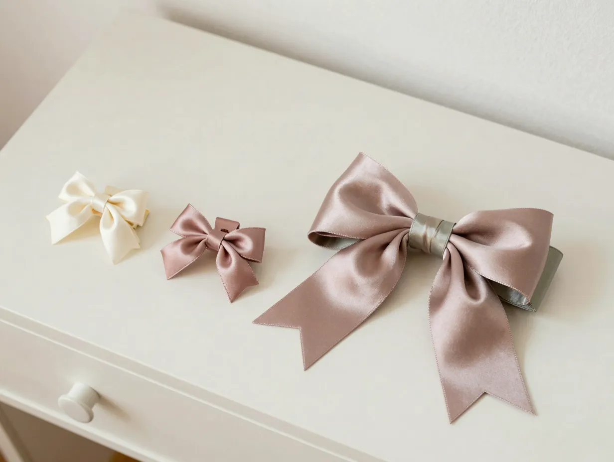 Satin bow hair clips on dressed vanity with color options