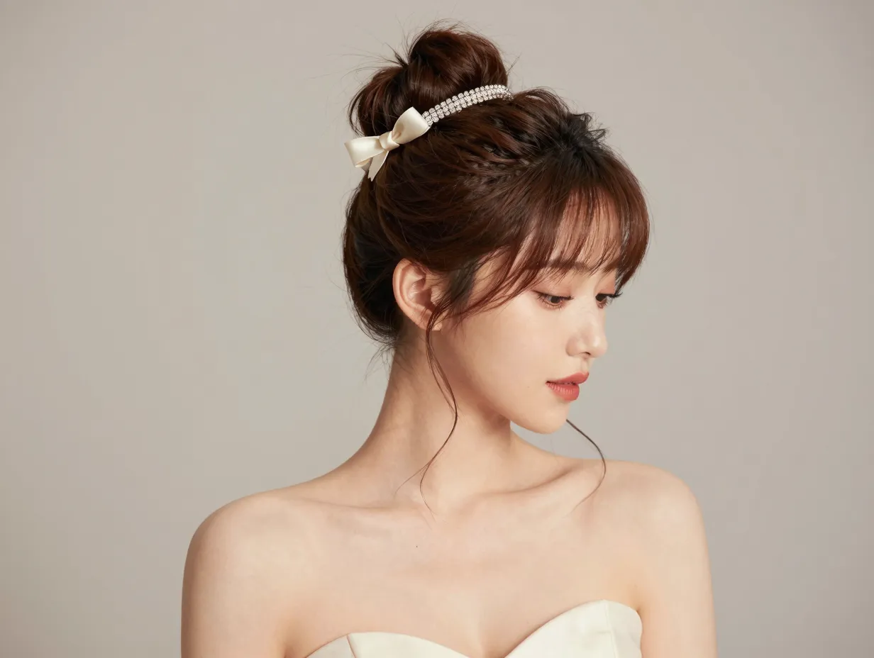Textured undone classic high bun with jeweled hair cuff accessory