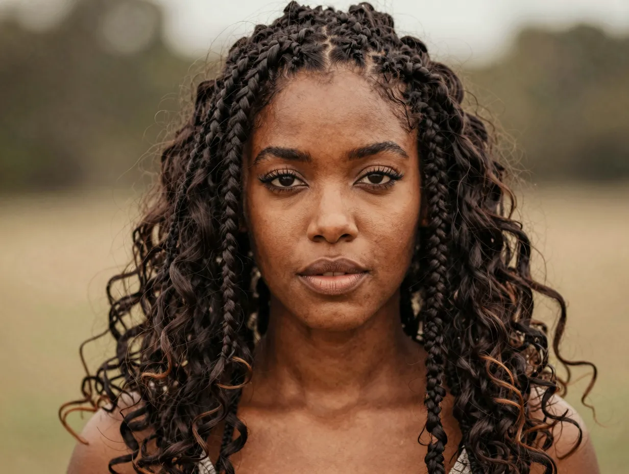 A black woman with bohemian goddess braids and loose romantic curls