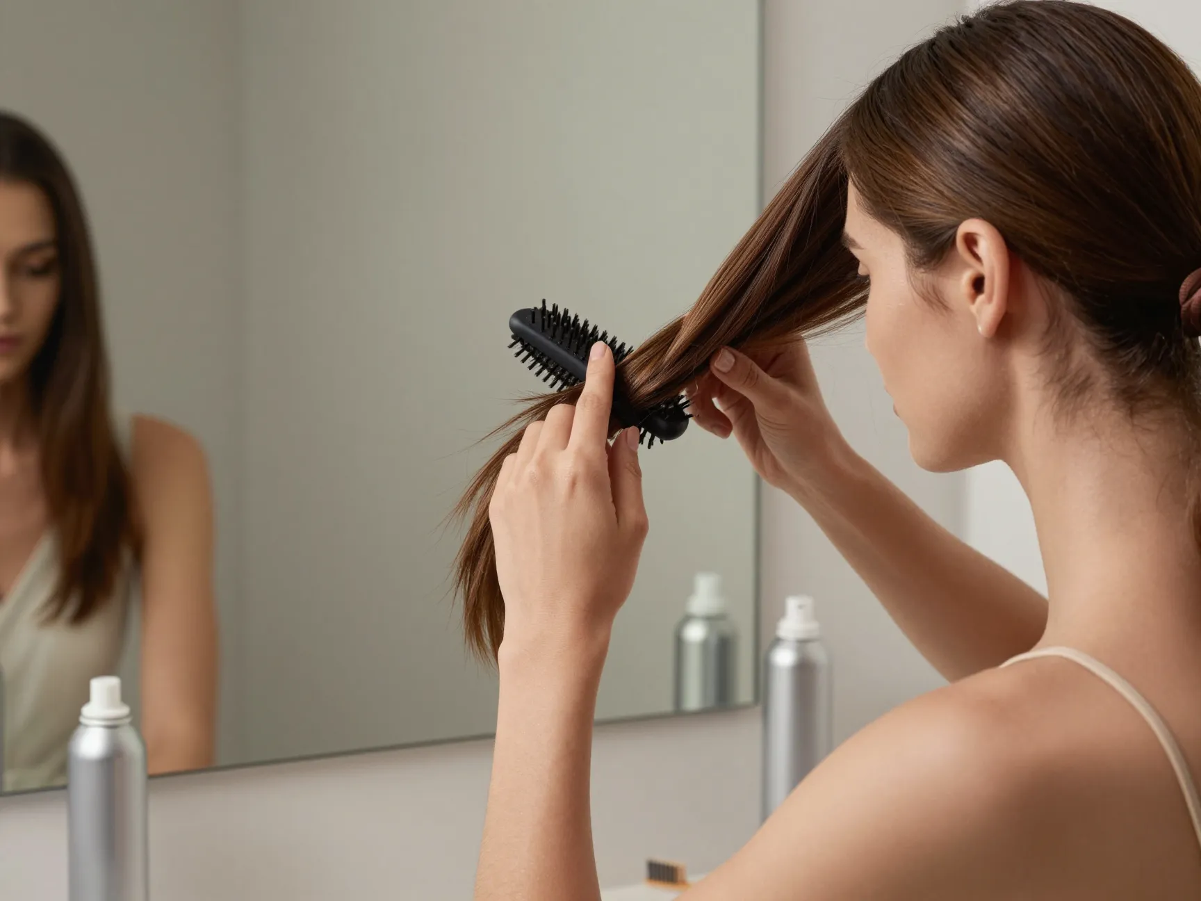 A woman applying serum before brushing her hair back