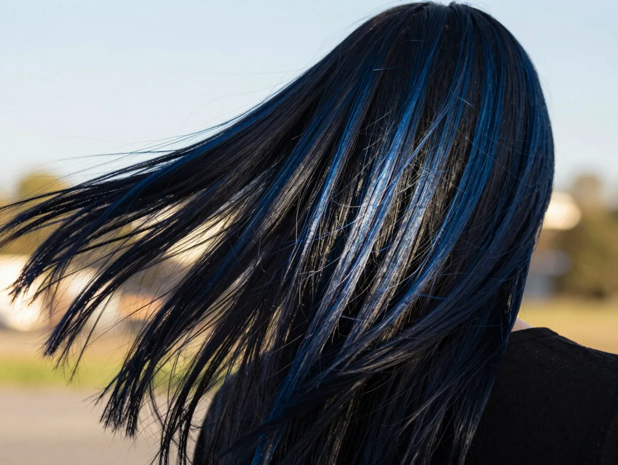 Blue black hair revealing cool electric blue shimmer in sunlight