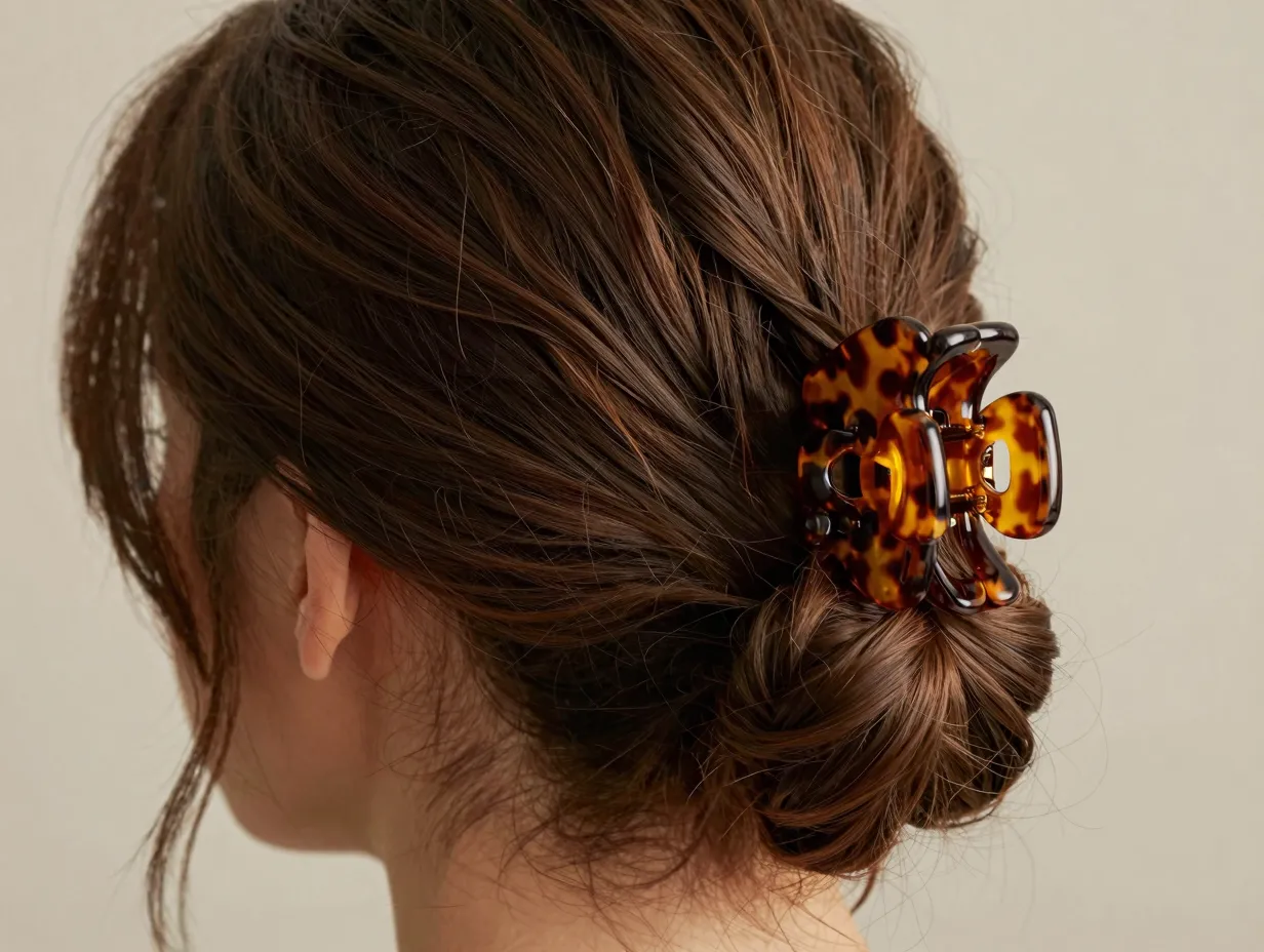 Oversized tortoiseshell claw clip holding elegant updo