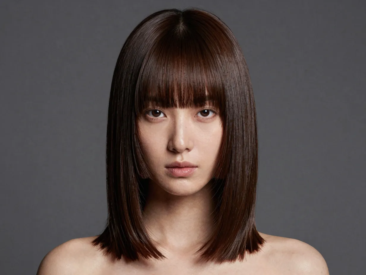 Polished center part butterfly haircut with sleek curtain bangs
