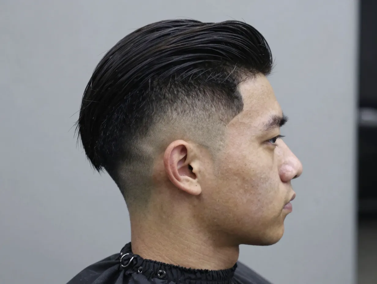 Slick back hairstyle with sharp skin fade sides
