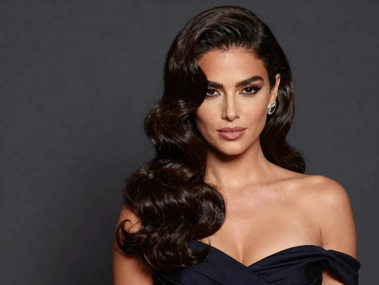 Structured glossy hollywood waves swept over one shoulder