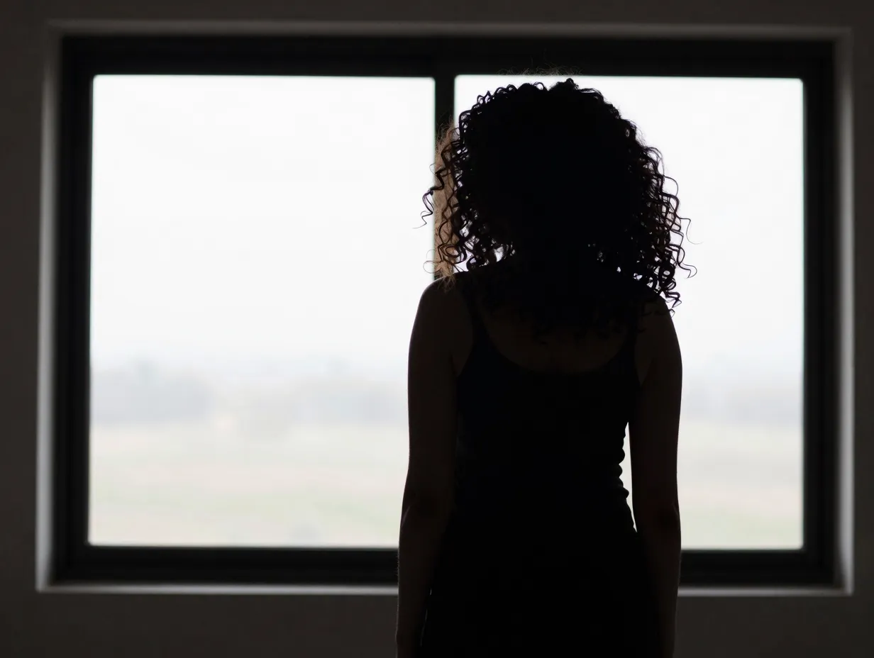 Window silhouette of voluminous curls against bright morning light