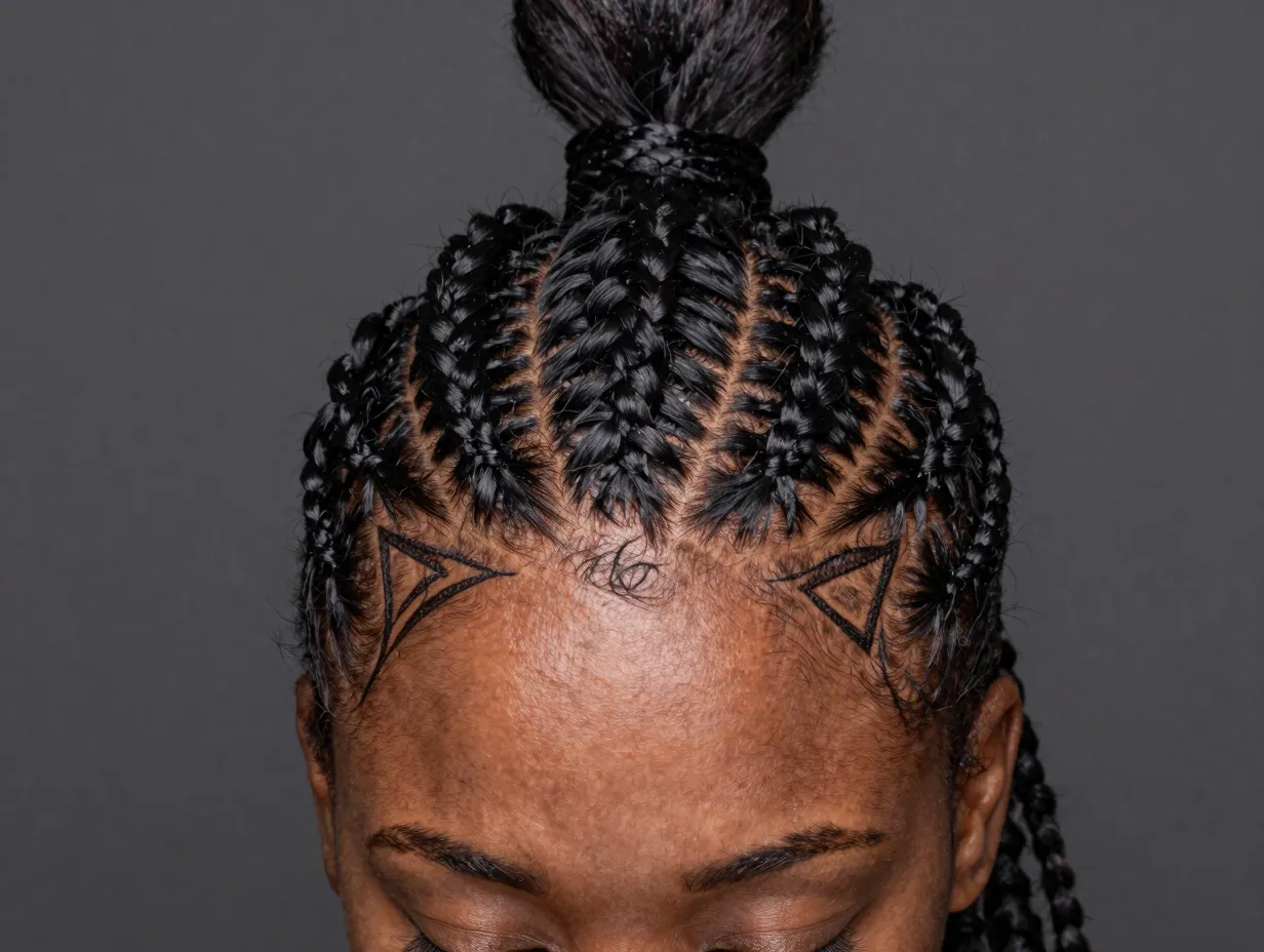 A black woman with precision stitch braids and intricate geometric parts