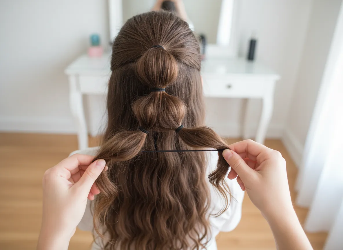 A hand creating a bubble section in a high ponytail