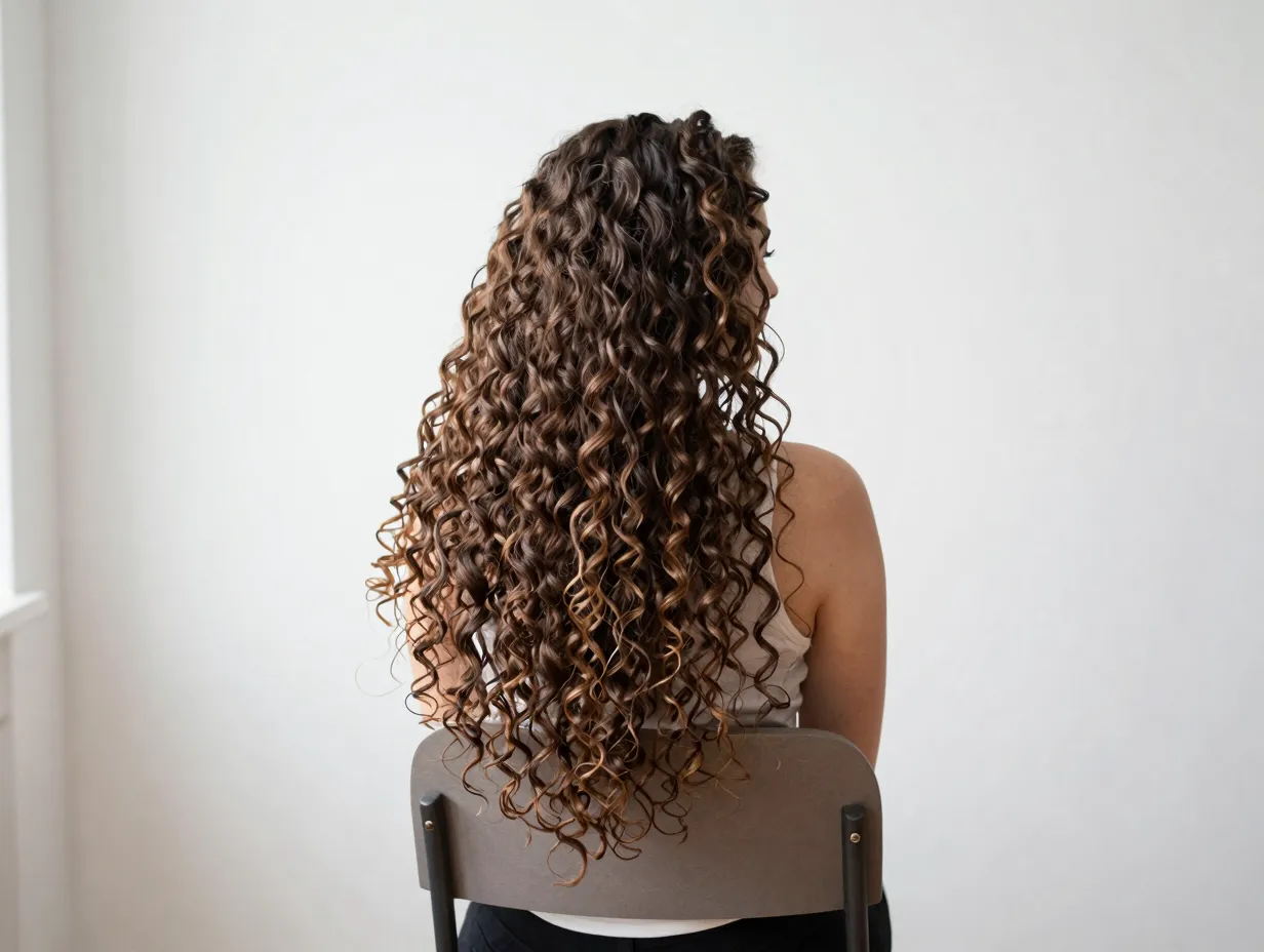 Back profile sit on chair with curls cascading down clean background