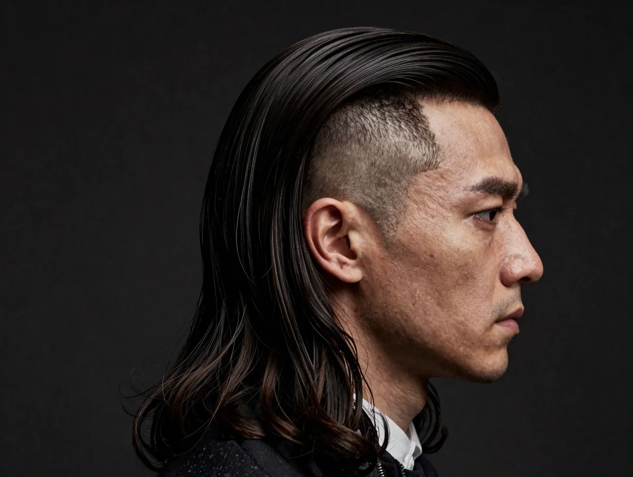 Long slicked back hair with shaved undercut sides