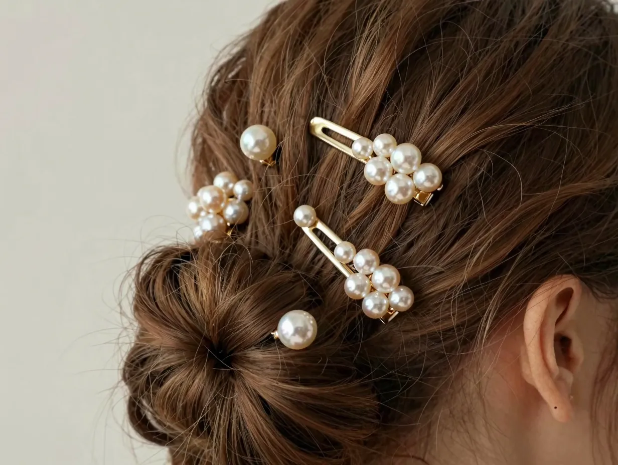 Luminous pearl hair barrettes scattered in loose brunette updo