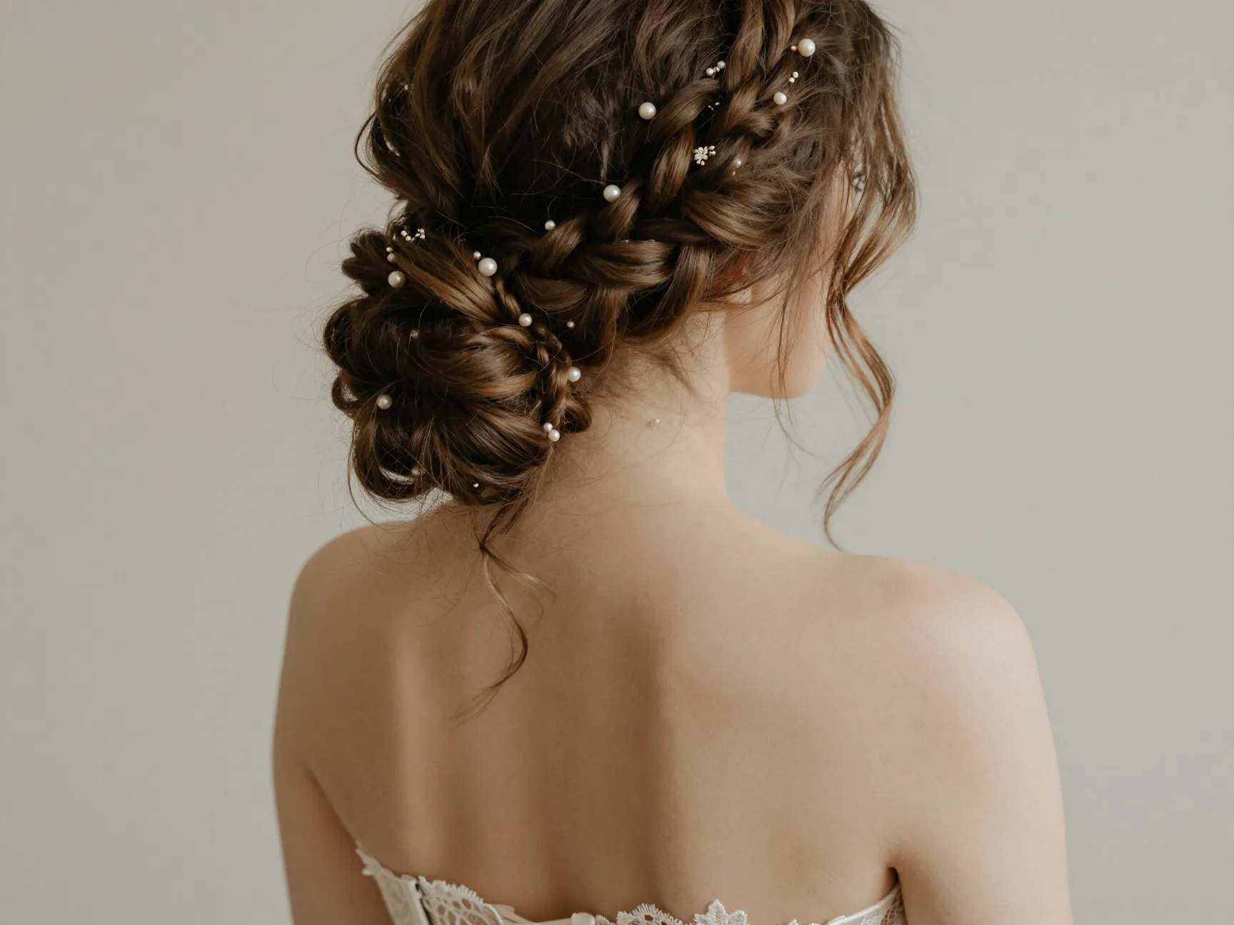 Romantic braided updo with loops and delicate pearl pins