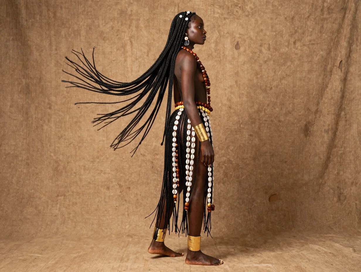 A black woman with long tribal braids adorned with cultural accessories