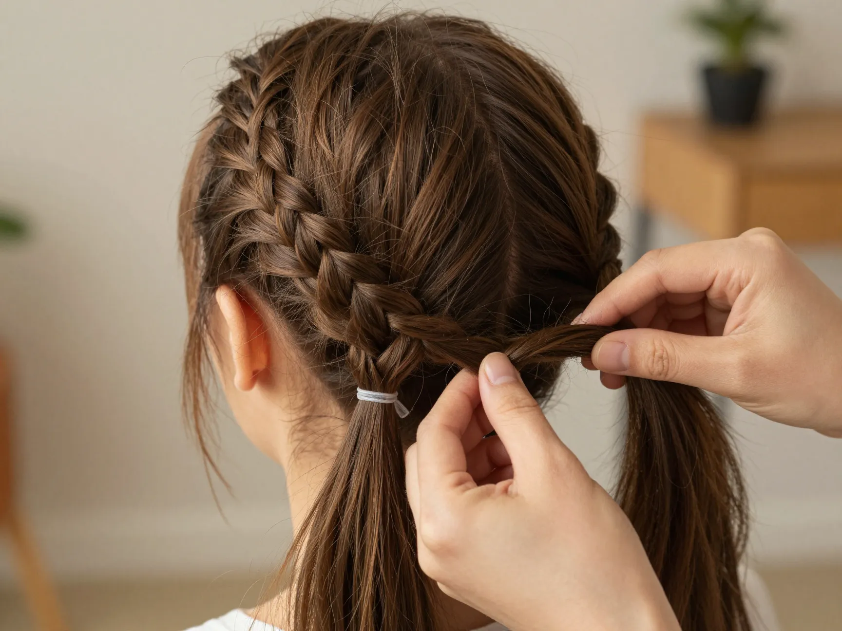 A hand braiding three sections of a secured ponytail