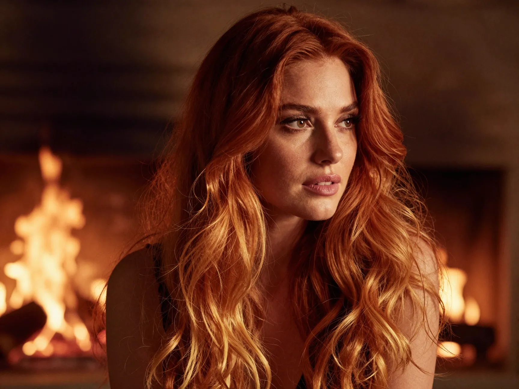 Amber red hair with dark roots and lighter ends by firelight