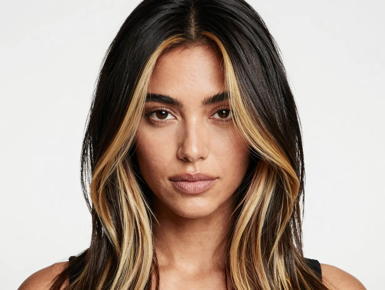Black hair with face framing buttery blonde highlights