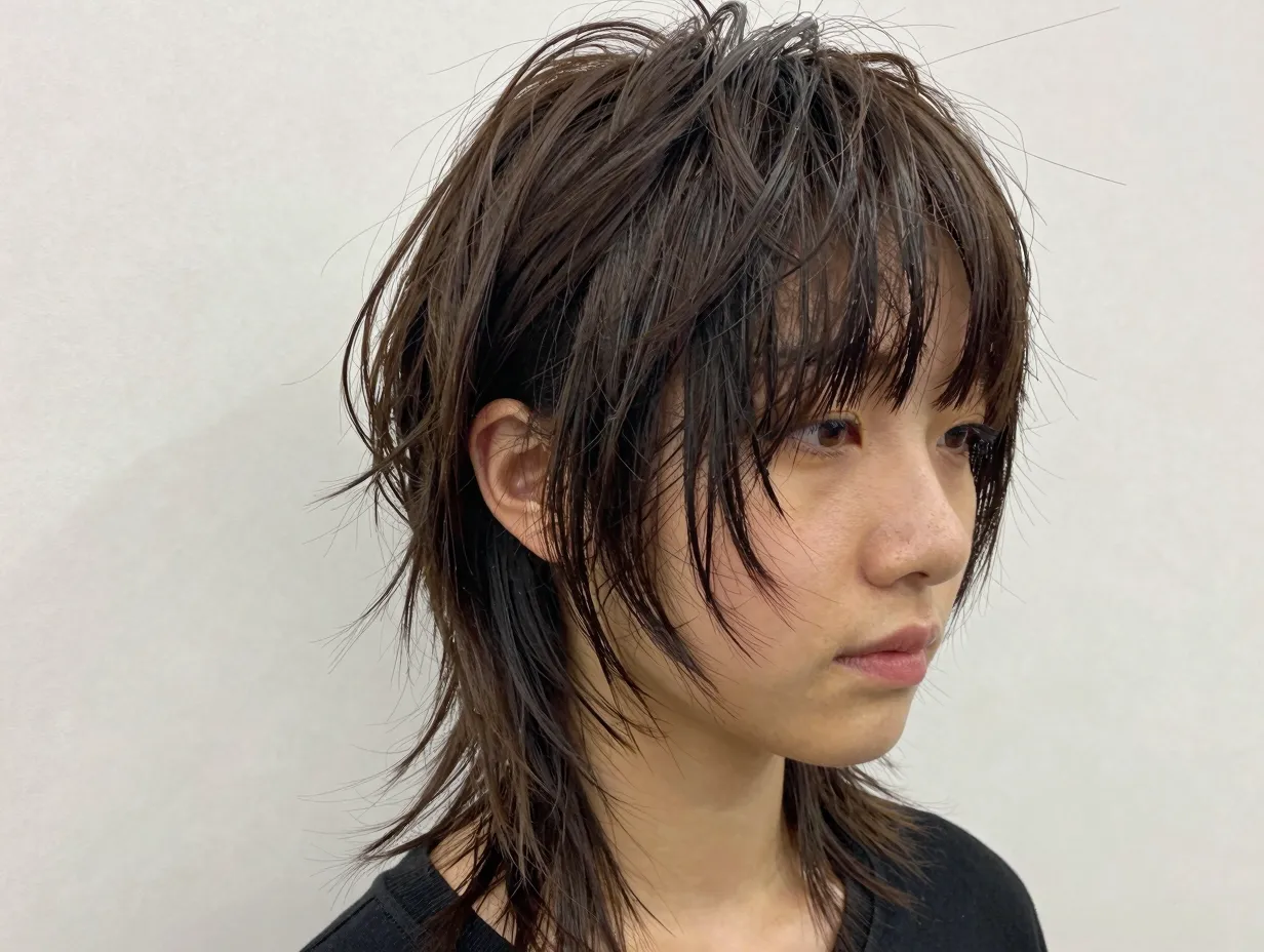 Contemporary shag butterfly haircut with textured bangs