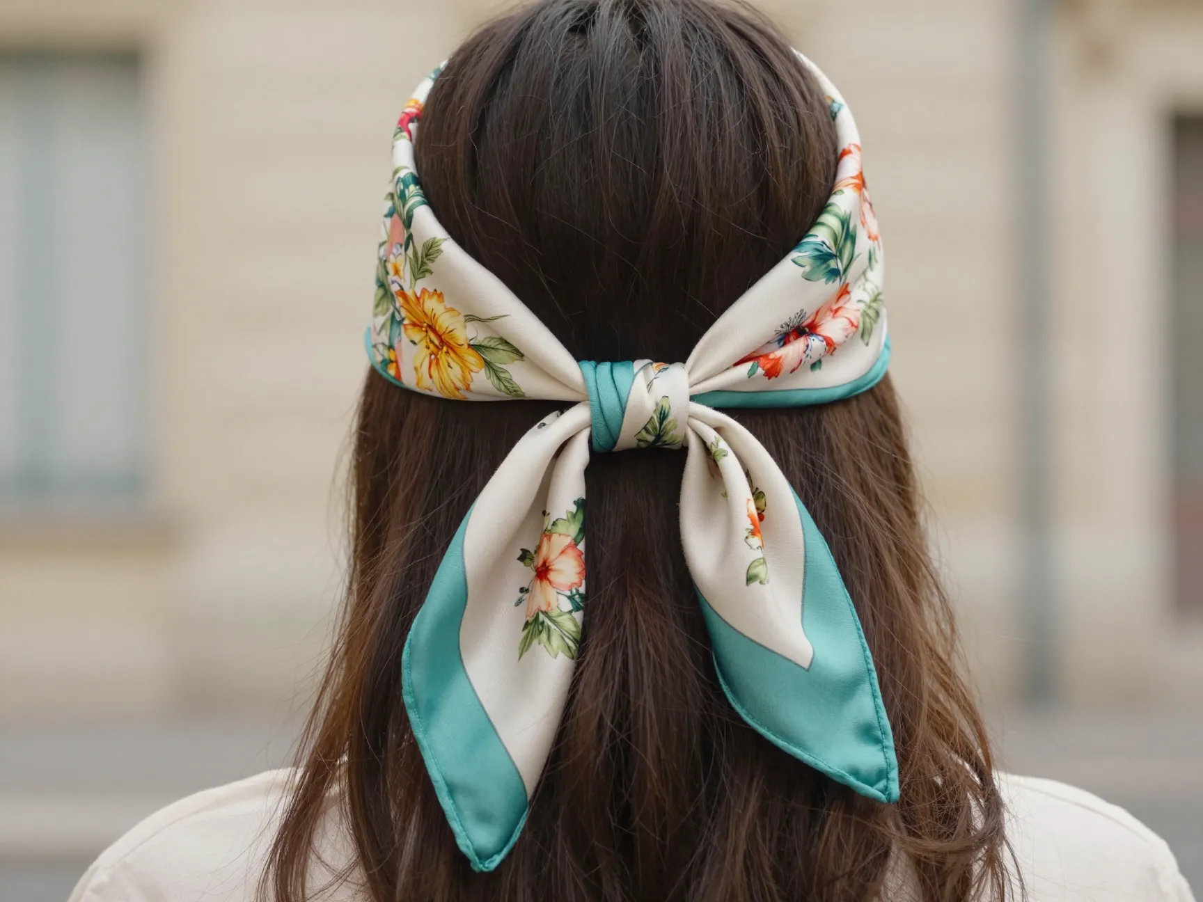 Silk scarf tied as headband with vintage floral print