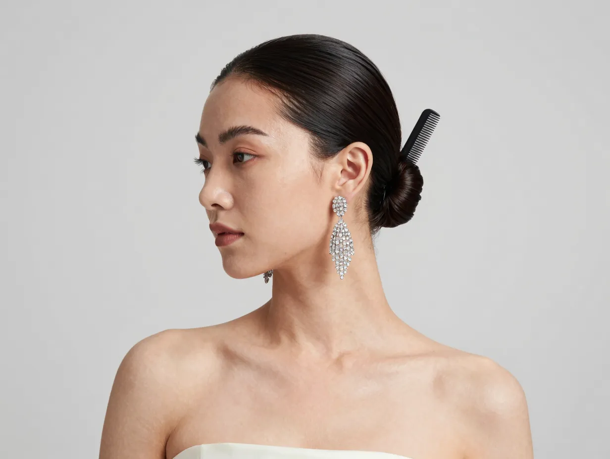 Sleek low bun with statement drop earrings and strapless gown