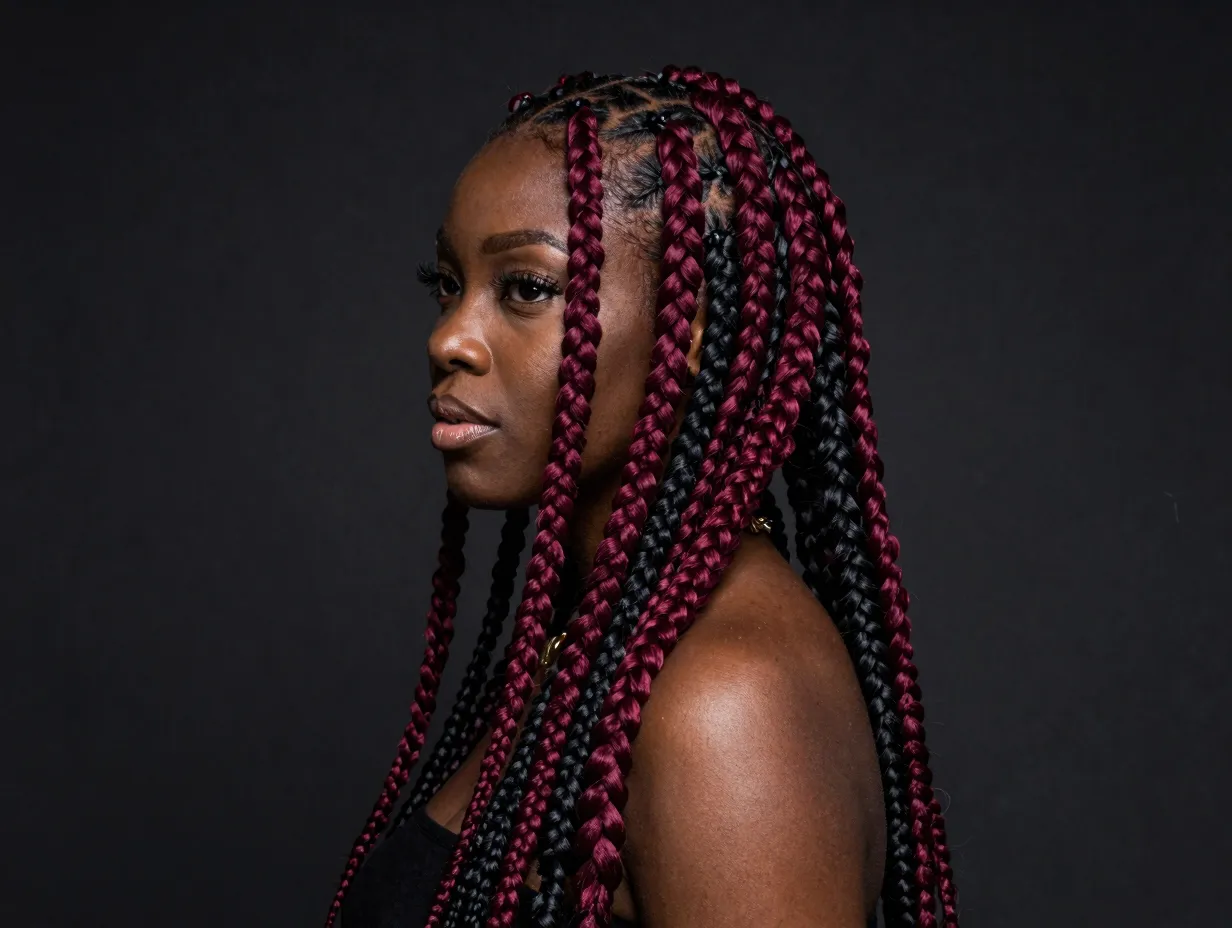A black woman with full head of bold burgundy and black braids