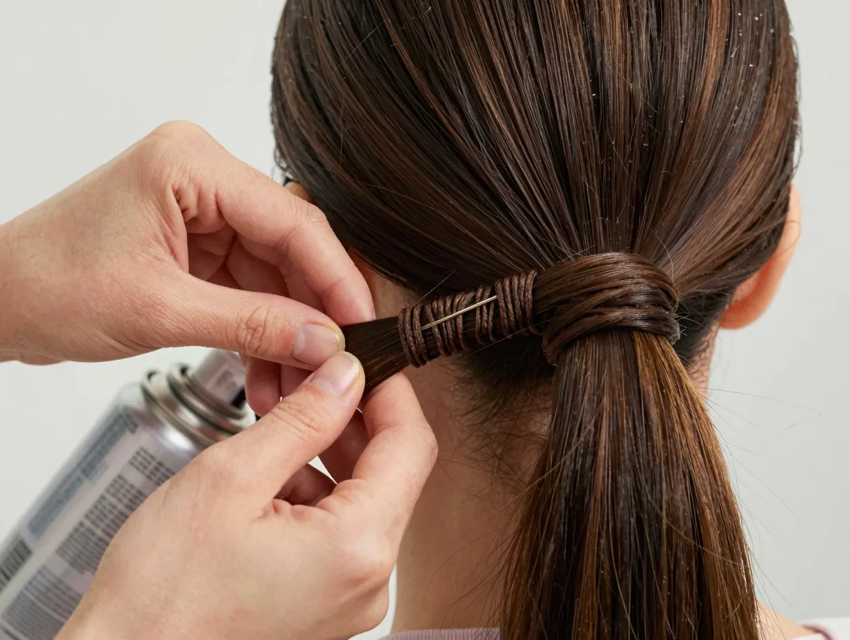 A hand wrapping a hair section around a ponytail base