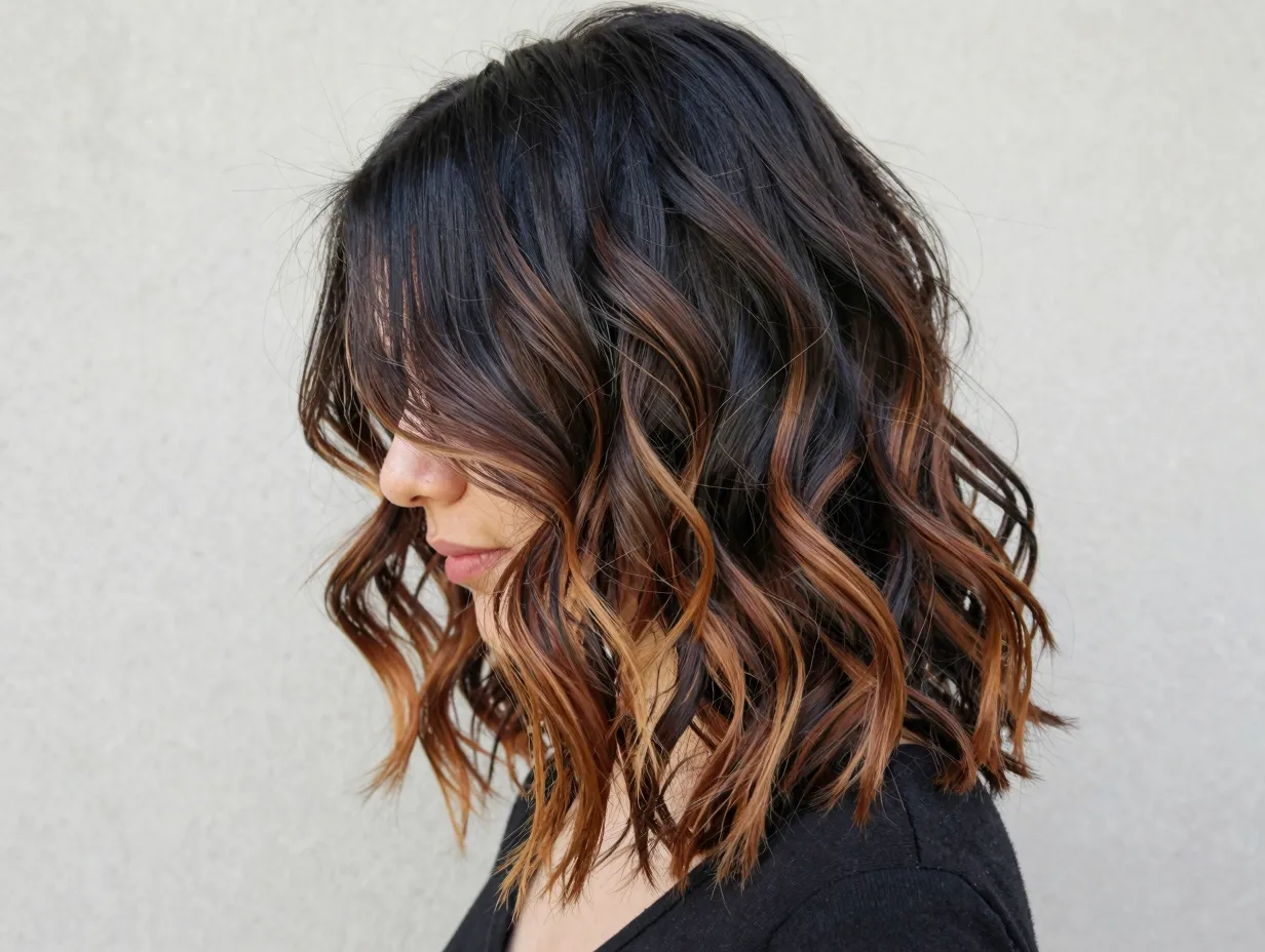 Caramel highlights on black wavy hair creating sun kissed dimension