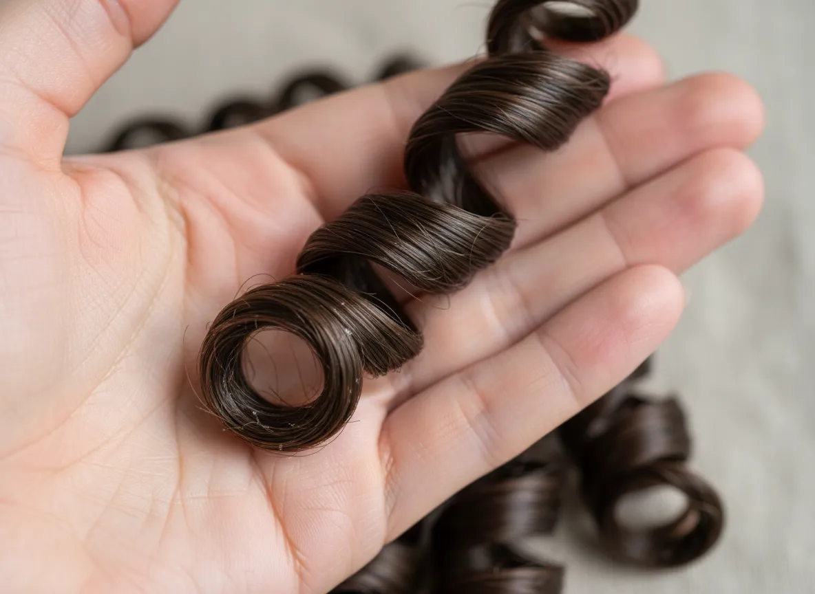 Extreme close up of moisturized defined curl spiral on hand