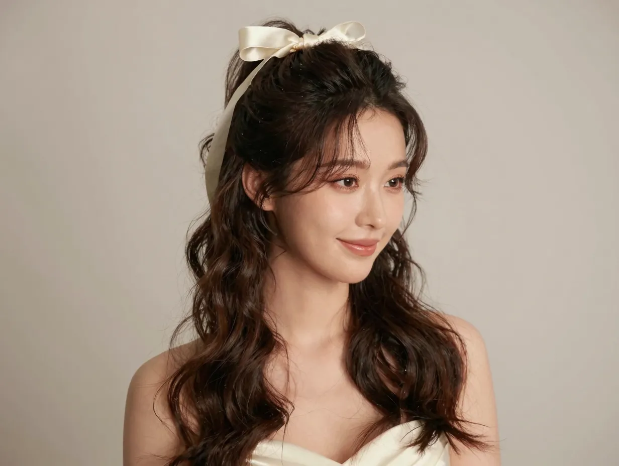 Romantic half up half down with satin ribbon and loose waves