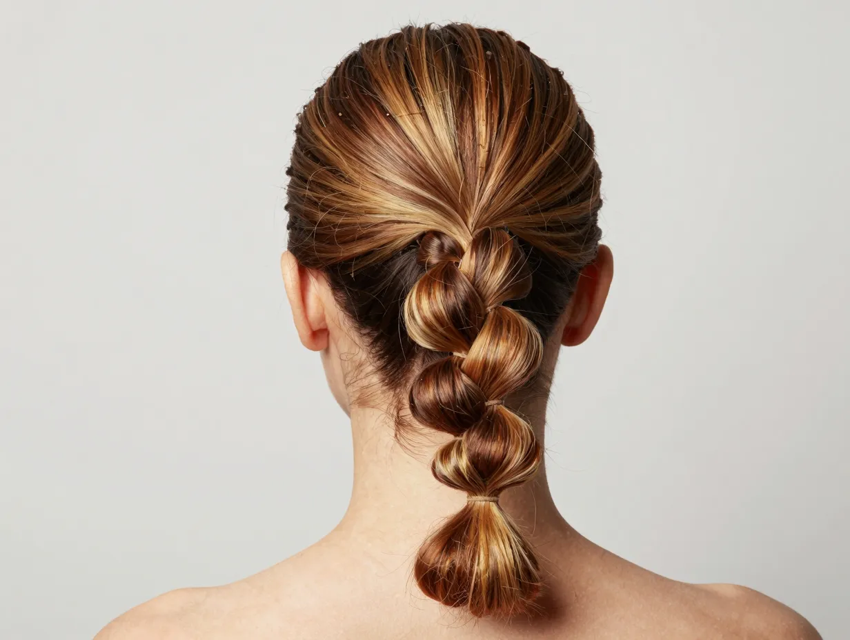 Slick back bubble ponytail with honey brown highlights
