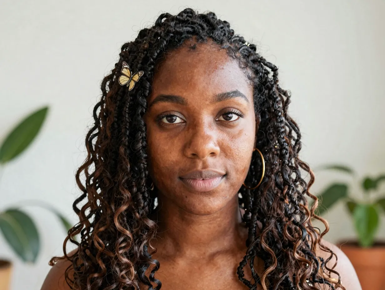 A black woman with lightweight soft locs and mixed textured curls